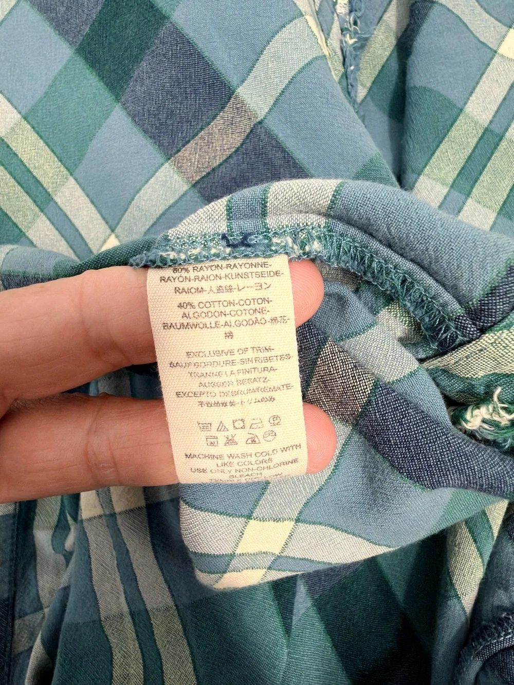 Free People Women’s Plaid Button Up Shirt L Blue Green Raw Hem Boho Rayon Cotton